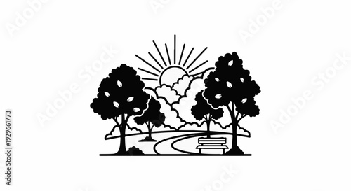 Stylized park scene with trees, sun, clouds, path, and bench in black and white
