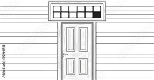 A simplified illustration of a paneled door below a multi-pane transom window