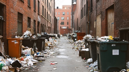 A cluttered urban alleyway overflowing with trash and discarded items under a clear sky.