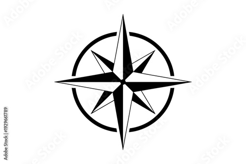 Compass rose icon with eight-point star and circular ring, black and white navigation symbol in flat vector style