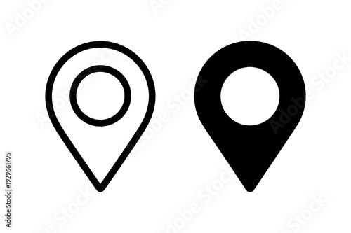 Location pin icon pair with outline and solid glyph map marker symbols in black, minimal flat vector on white background