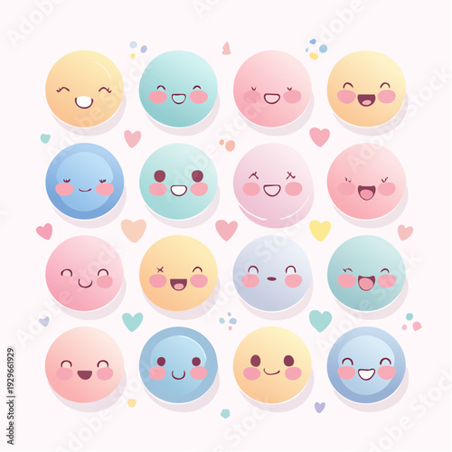 Collection of colorful emoticon faces with various expressions and hearts.
