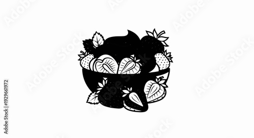 A black and white illustration of a bowl filled with strawberries and whipped cream