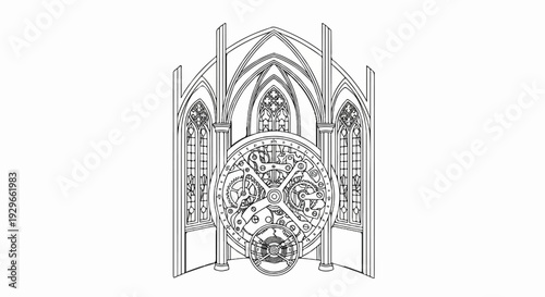 Intricate clockwork mechanism within a grand gothic architectural setting