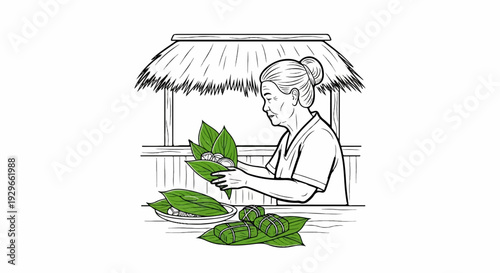 Elderly woman prepares food wrapped in leaves under a thatched roof shelter