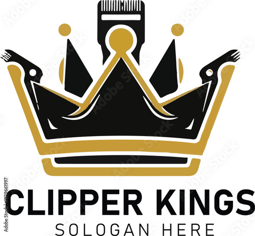Clipper kings barber shop logo featuring a golden crown and a hair clipper design.