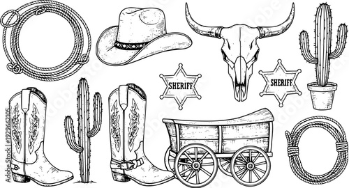 Rope frame with cowboy hat and lasso. Vector wild west illustration isolated on white foe design.
