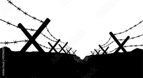 Silhouette of barbed wire and wooden stake on the ground. trench war elements vector background.

