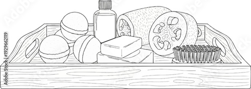 A collection of bath accessories, including bath bombs, soap, loofah, and brush, rest on a wooden tray