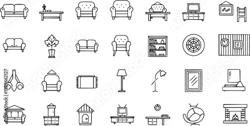 Family room furniture outline top view. Floor plan icons set for design interior and architectural project. Furniture thin line icon in top view for layout.