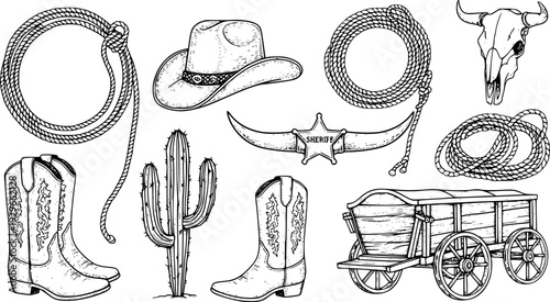 Rope frame with cowboy hat and lasso. Vector wild west illustration isolated on white foe design.
