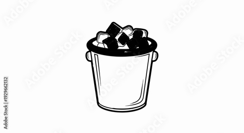 A graphic depiction of a bucket filled with ice cubes, rendered in black and white
