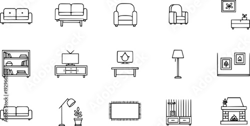 Family room furniture outline top view. Floor plan icons set for design interior and architectural project. Furniture thin line icon in top view for layout.