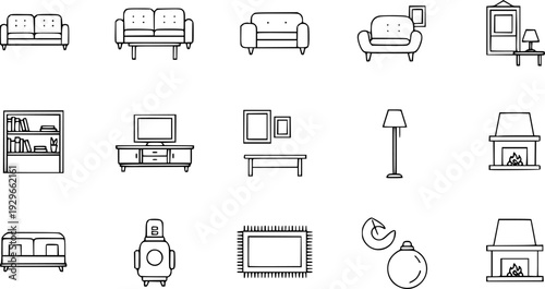 Family room furniture outline top view. Floor plan icons set for design interior and architectural project. Furniture thin line icon in top view for layout.
