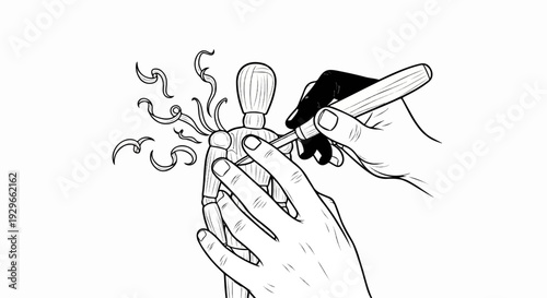 A stylized illustration shows hands working on a wooden mannequin with flowing abstract elements
