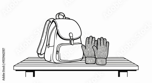 A backpack and knitted gloves rest on a slatted wooden shelf
