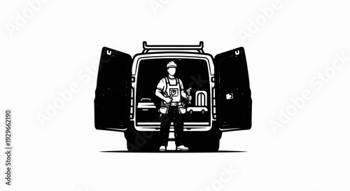 A worker in overalls and hard hat stands with tools by an open van, ready for work