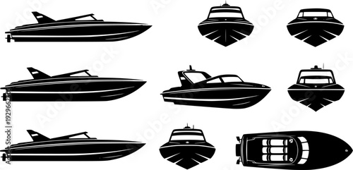 jet boat silhouette icons set side, front, back, and top views vector art illustration
