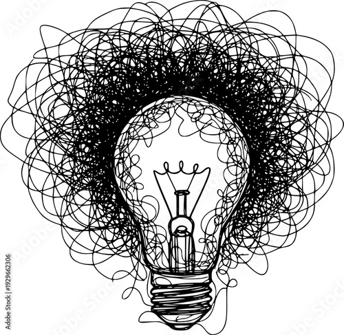 Chaotic lines with lightbulb continuous line drawing. Creative idea process. Mental health concept. Problem solving and idea search symbol. Vector illustration isolated on white.
