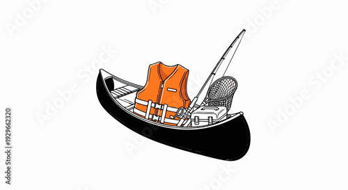 Canoe loaded with fishing gear, life vest, and tackle box for outdoor adventure