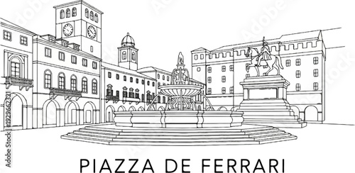 A classic sketch of a European plaza featuring a clock tower and ornate fountain