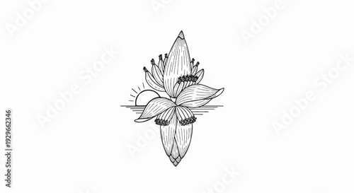 A stylized black and white illustration of a banana flower with a rising sun and horizon line