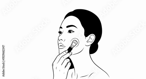 A close-up line drawing shows a woman applying makeup to her cheek with a brush