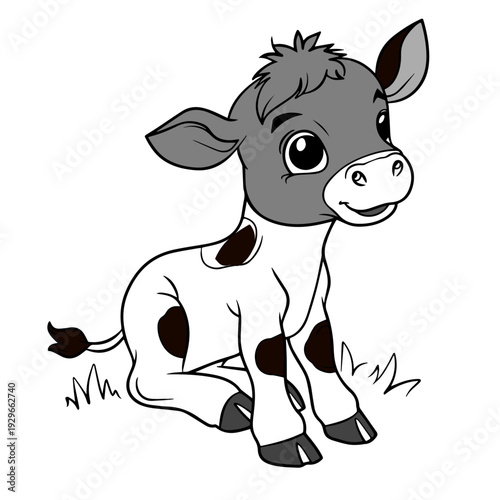 A cute cartoon illustration of a smiling black and white dairy cow head with horns isolated on a plain background for farm and agriculture vector art