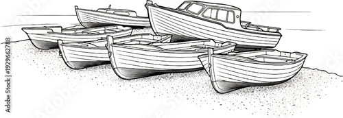 A collection of wooden boats resting on a sandy shore beside the water