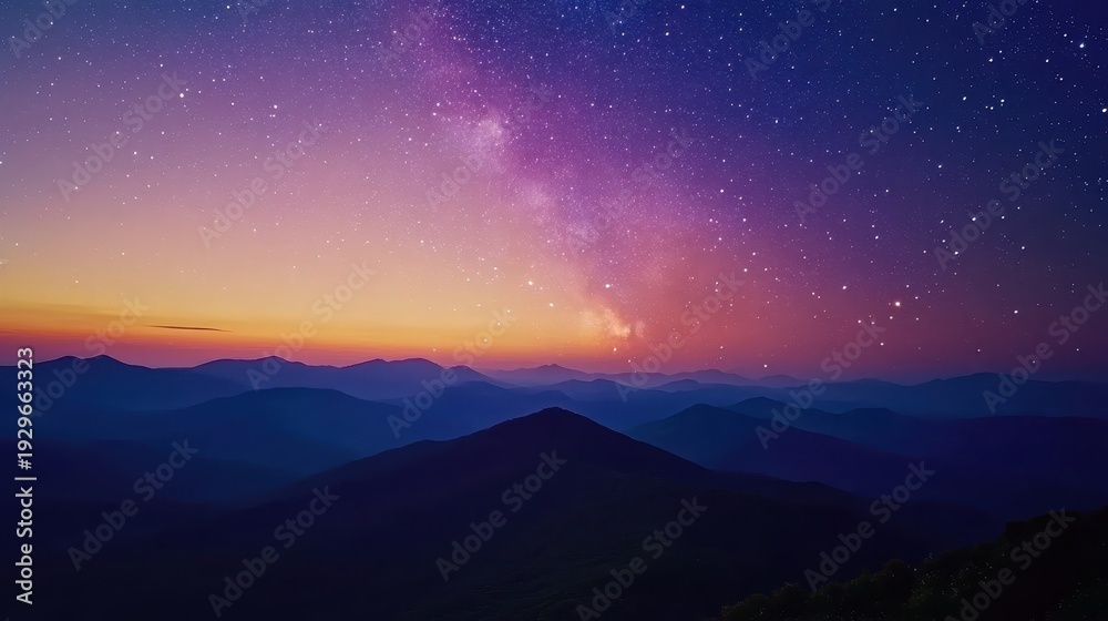 Fototapeta premium Majestic mountain ranges under a vibrant, starry night sky displaying the Milky Way galaxy