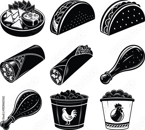 Black and white of fast food nachos cheese dip tacos burritos chicken drumstick