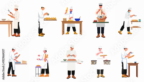Collection of professional bakers preparing and handling fresh bread, showcasing different stages of baking in a bakery setting.