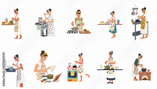 Women cooking in various kitchen settings, showcasing homemade meals and diverse culinary activities.