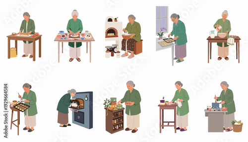 Elderly woman baking and preparing traditional homemade snacks and cookies, depicting various stages from dough preparation to packaging in her kitchen.