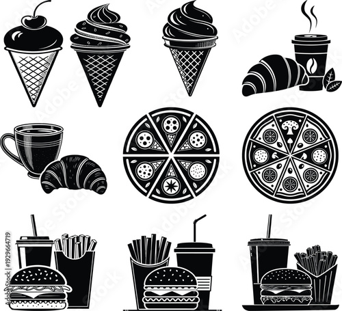 Black and white of ice cream cones coffee cups croissants pizza and burgers