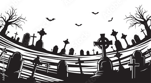 Spooky Graveyard with Crooked Cross Monuments – High Contrast Black and White Gothic Vector