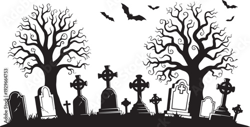 Minimal Gothic Cemetery Illustration – Spooky Black and White Graveyard EPS Vector