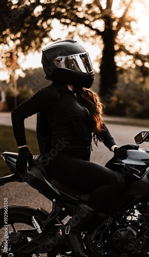 Female motorcyclist riding sport motorcycle at sunset outdoors
