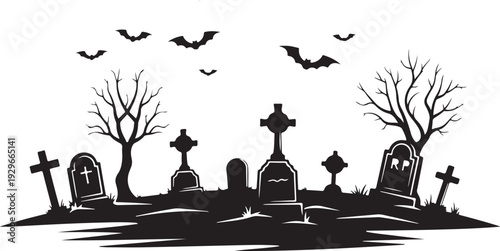Black and White Graveyard Landscape – Gothic Cemetery with Crooked Crosses and Fog Vector Art
