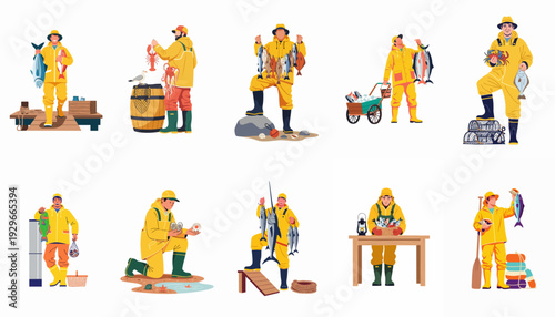Fishermen and seafood workers collection displaying diverse catches and daily tasks in the fishing industry.
