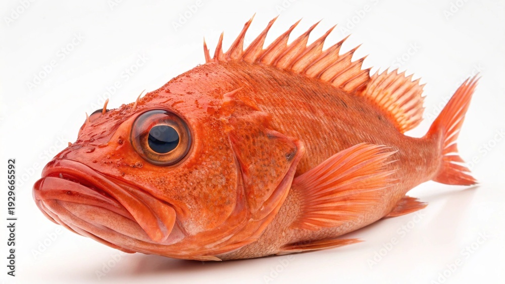 Fototapeta premium Studio portrait of a vivid reddish-orange deep-sea Orange Roughy (Hoplostethus atlanticus) isolated on a clean white background.
