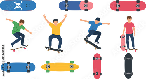 Skateboarder set, teenage boys performing skate tricks, deck variety with skull graphics, flat vector illustration, cad drawing, urban extreme sports action.