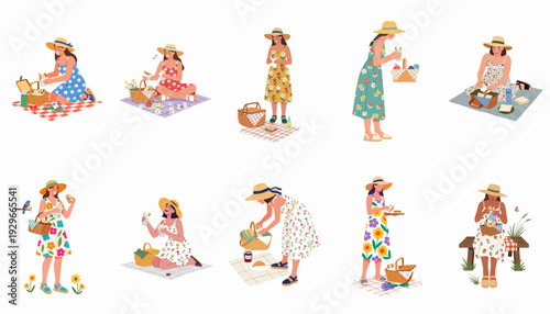 Women enjoying delightful summer picnics, packing and eating food outdoors in various relaxed and cheerful settings.