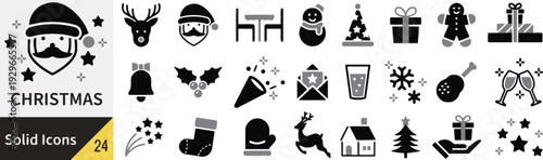 Christmas solid icons set with holiday symbols for winter celebration