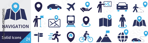 Collection of 24 solid navigation and travel icons in blue and dark blue