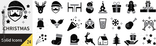 Christmas solid icons set with holiday symbols for winter celebration