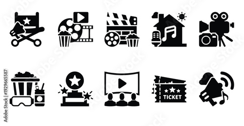 Cinema icons set, director chair, film reel, popcorn, movie screen, ticket, camera