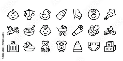 Collection of baby care and newborn icons with cute illustrations