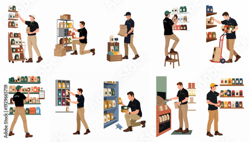 Men working in a coffee shop or retail setting, meticulously organizing, stocking shelves, and handling coffee bean inventory, ensuring fresh products are displayed and prepared for customers.