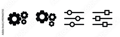 Cogwheel icons for settings and preferences, gear symbols representing workflow and configuration